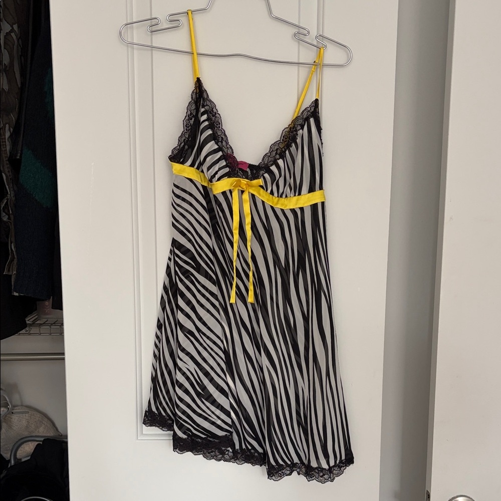 Betsey Johnson Zebra Print Chemise with Yellow and Black Lace whimsygoth